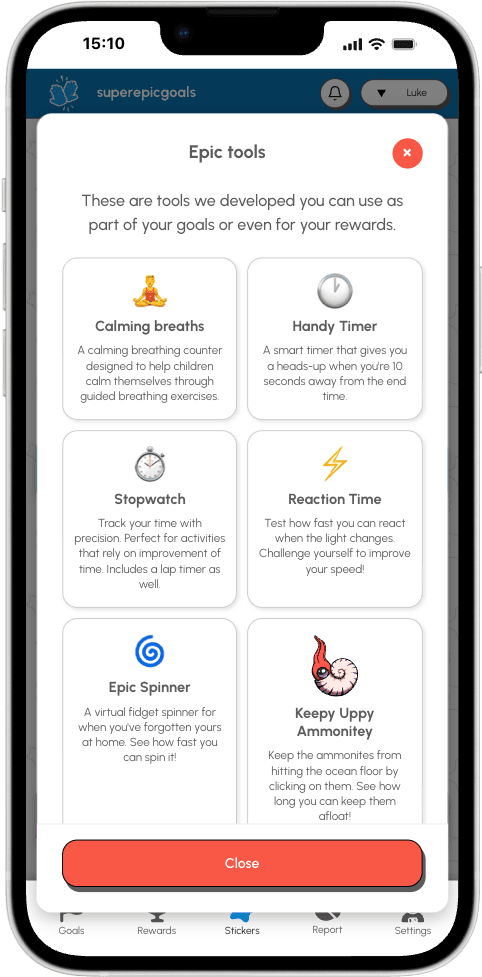 Epic Tools including Calming Breaths and focus games