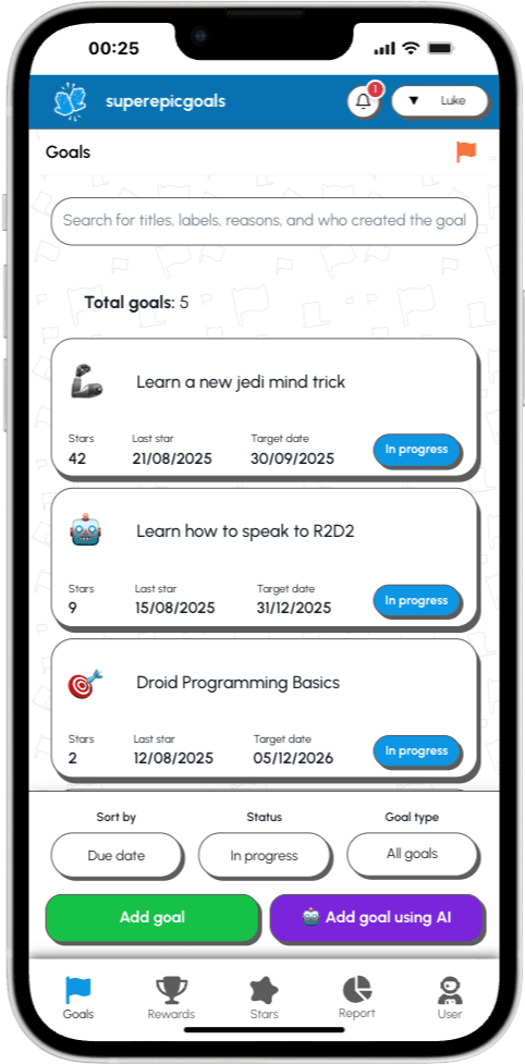 Goals page in the app