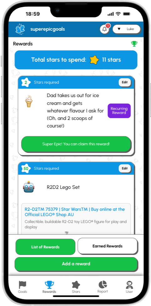Rewards page in the app