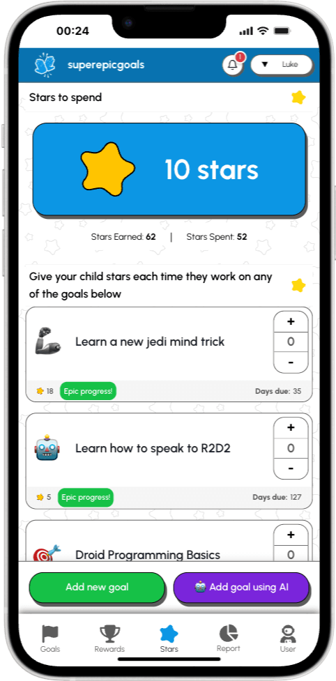 Stars page showing goal tracking