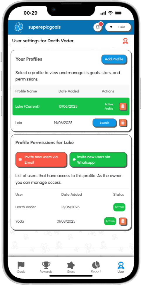 User page in the app